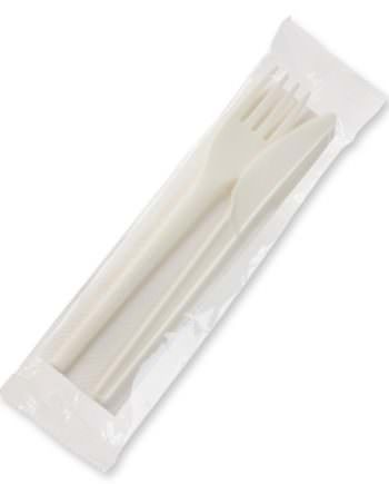 Set de cuchillo, tenedor de PLA blanco y servilleta