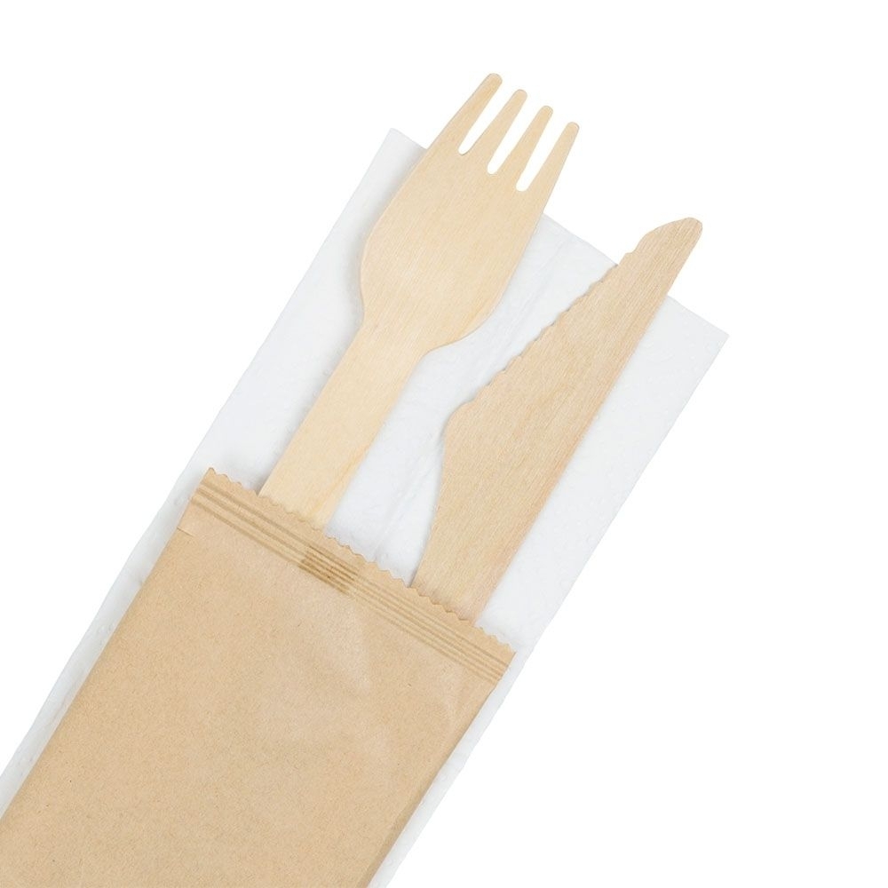 Set de cubiertos de madera cuchillo tenedor servilleta 16cm 400 uds/ caja